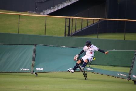 懸命にボールを追いかけジャンプしてもホームランボールには届かなかった・・・